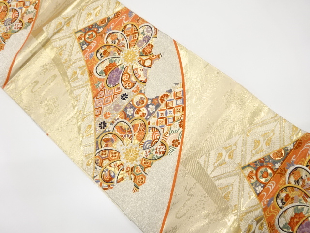 捻じり花に鶴・古典柄織り出し袋帯